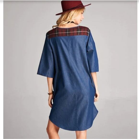 Plaid and Chambray Half Sleeve Grommet Placket Shirt Tail Hem Boho Tunic Dress - Picture 3 of 12